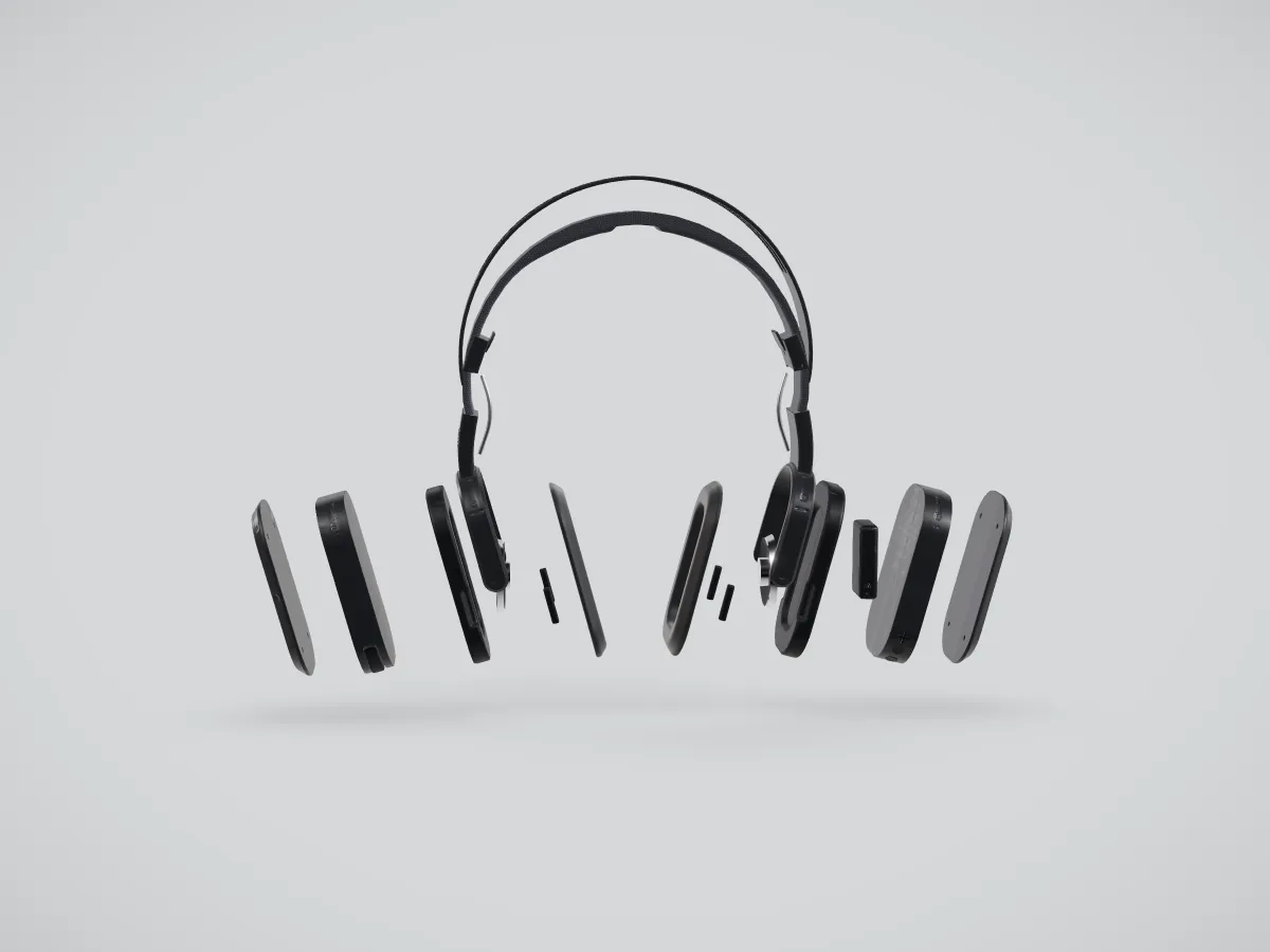 Halo One in Basalt, exploded view showing cups, drivers, battery and cushions